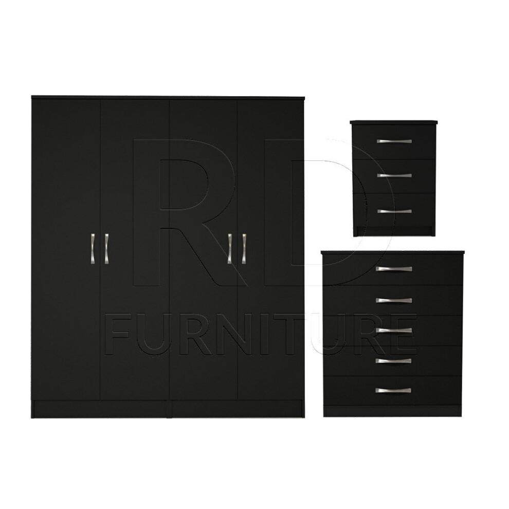 Ready assembled 3 Pcs Classic 4 Door Wardrobe, Chest and Bedside set Black