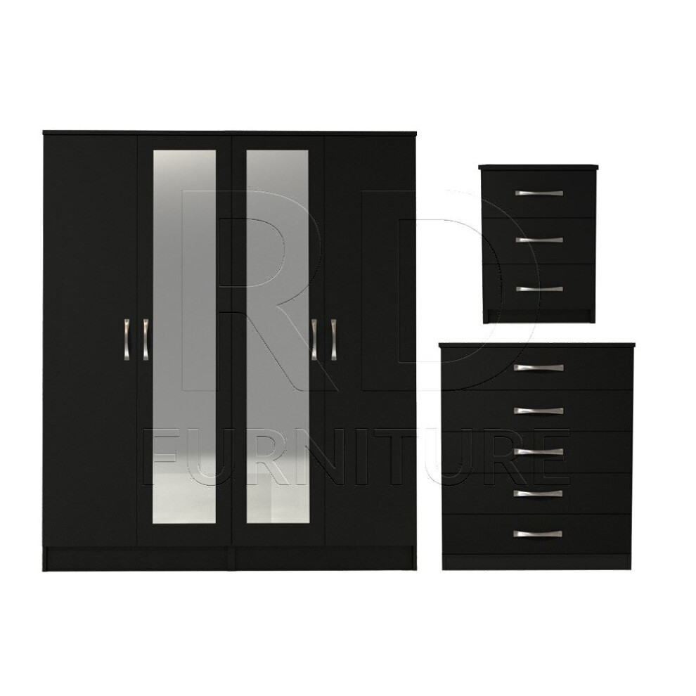 Ready assembled 3 Pcs Classic 4 Door Double Mirrored Wardrobe, Chest And Bedside Set Black