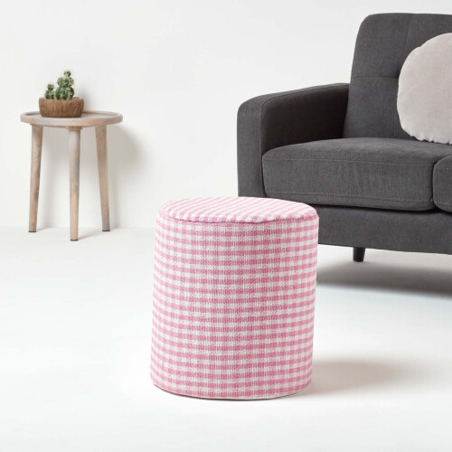 Homescapes (Pink) Gingham Check Round Pouffe Cotton 40 x 42 cm 1