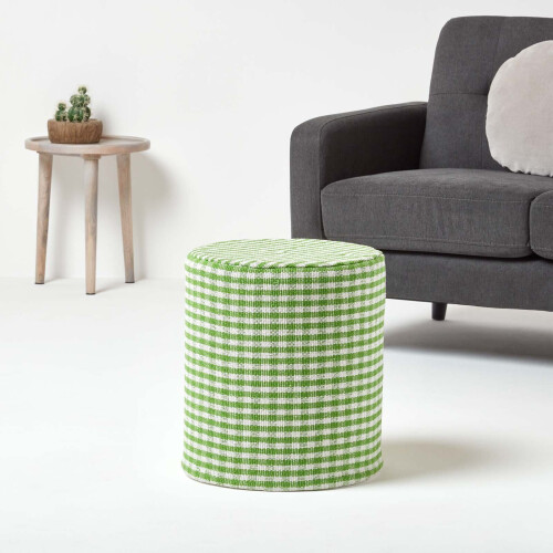 Homescapes (Green) Gingham Check Round Pouffe Cotton 40 x 42 cm 1