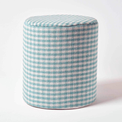 Homescapes (Blue) Gingham Check Round Pouffe Cotton 40 x 42 cm 1