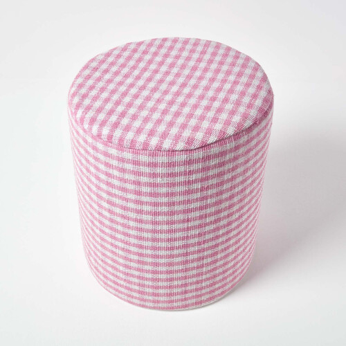 Homescapes (Pink) Gingham Check Round Pouffe Cotton 40 x 42 cm 2