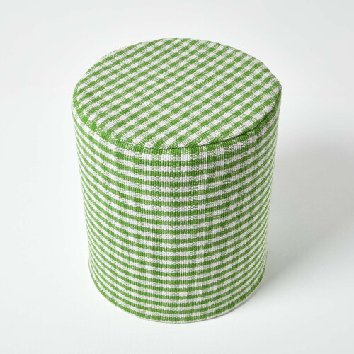 Homescapes (Green) Gingham Check Round Pouffe Cotton 40 x 42 cm 2