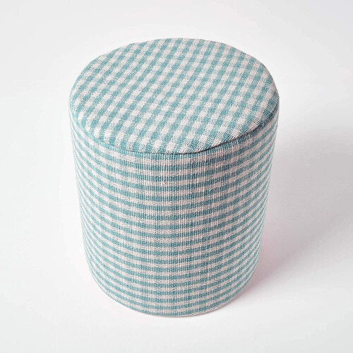 Homescapes (Blue) Gingham Check Round Pouffe Cotton 40 x 42 cm 2