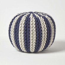 (Navy & Off White, 35 x 40 cm) Knitted Pouffe Striped Footstool