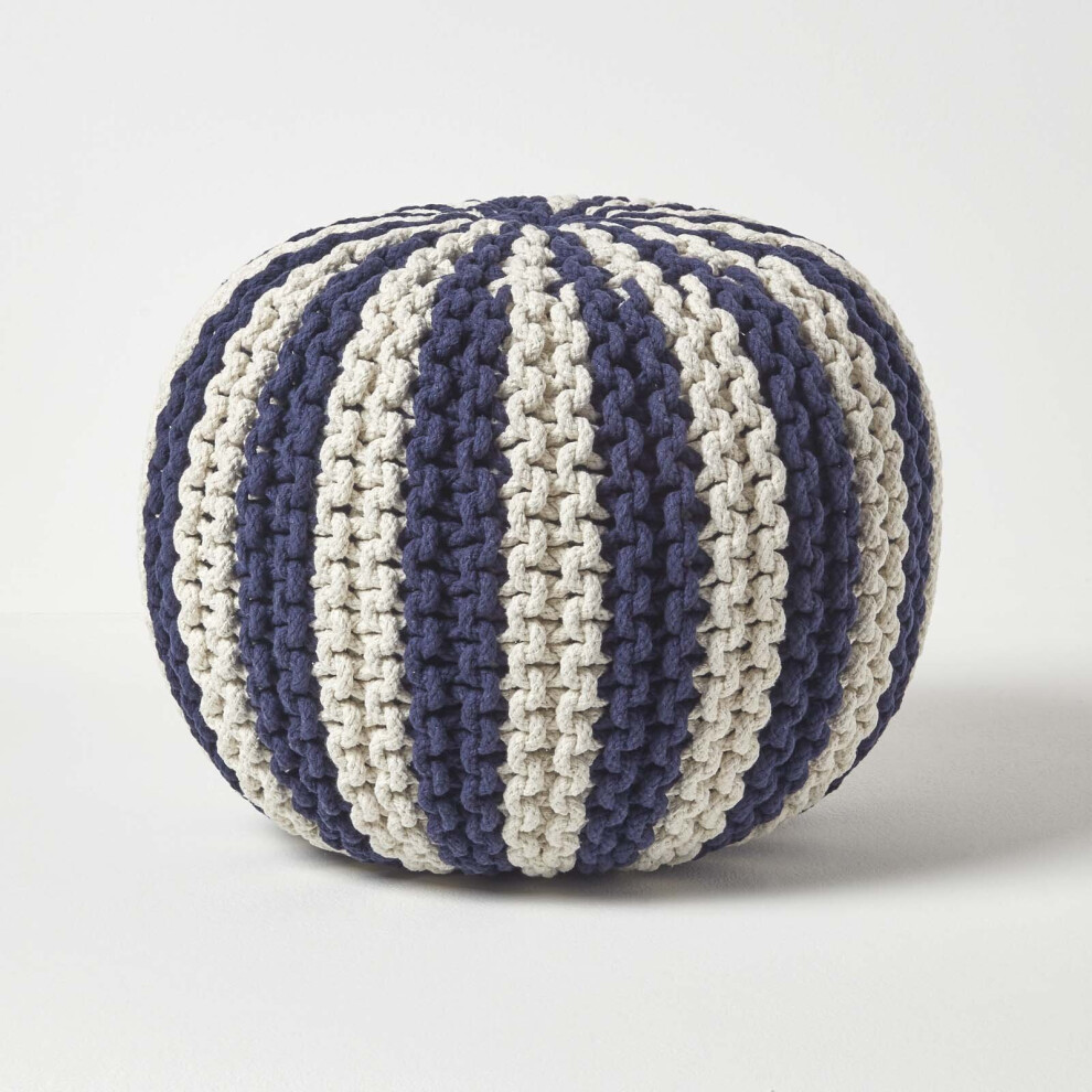 Homescapes (Navy & Off White, 35 X 40 Cm) Knitted Pouffe Striped Footstool