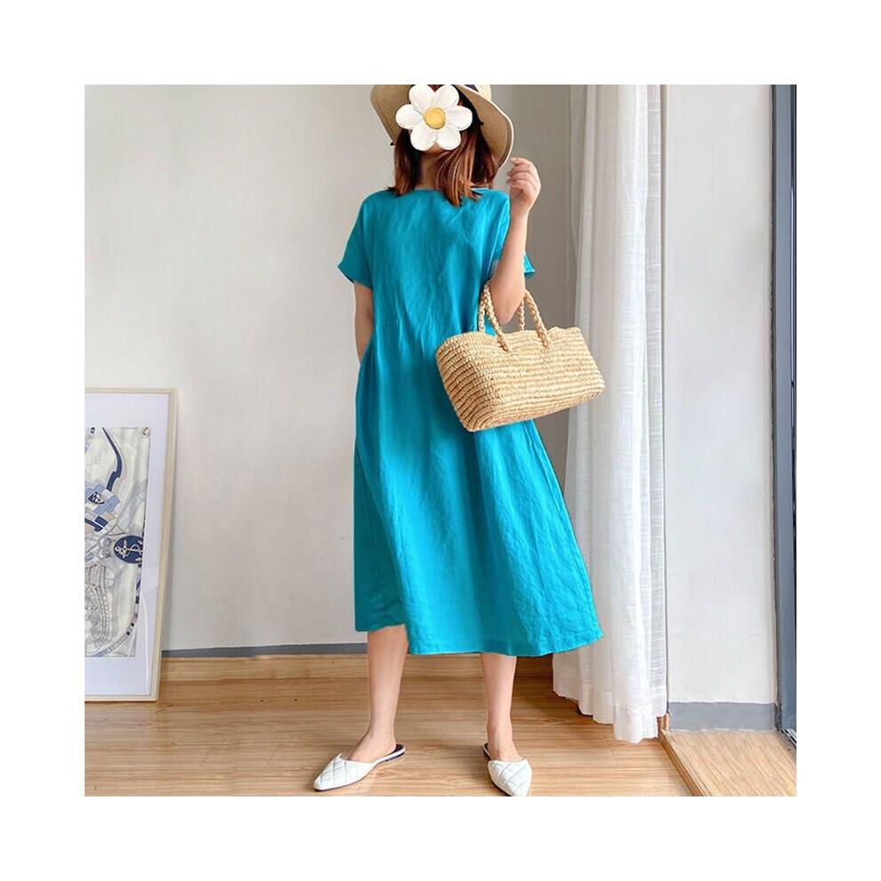 (PeacockBlue, 2XL) Cotton loose and thin dress women's summer 2020 new large size medium length
