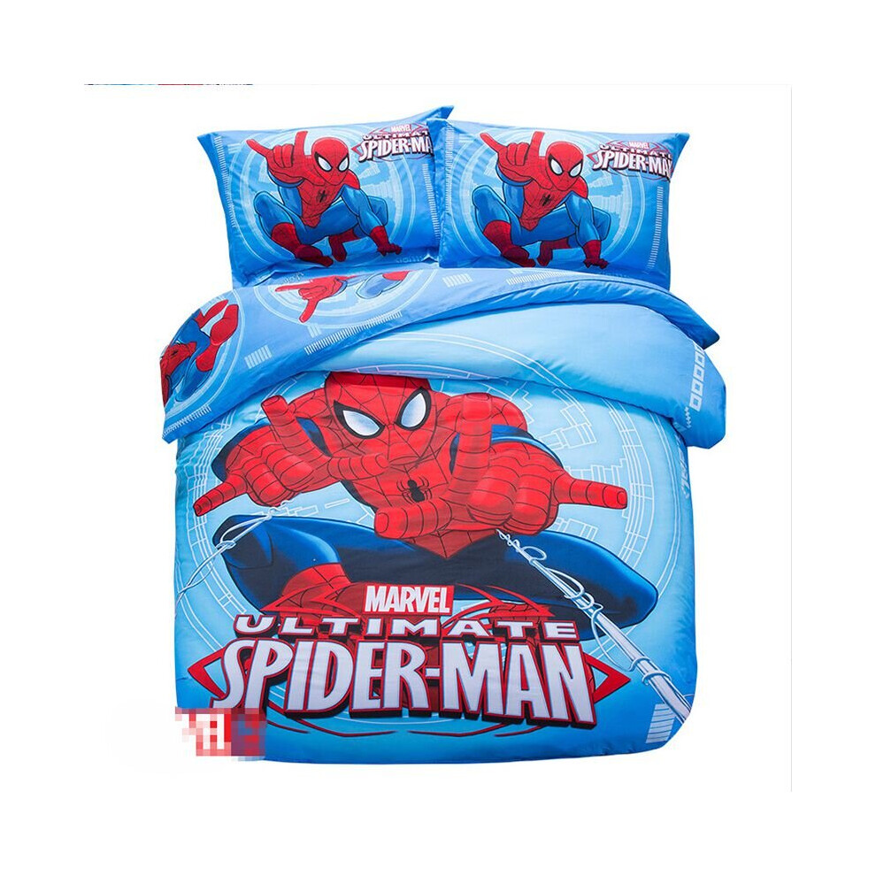 (Blue, Double?3pcs?) Spiderman 3D Bedding Set Cover Bed Set Pillowcase Sheet