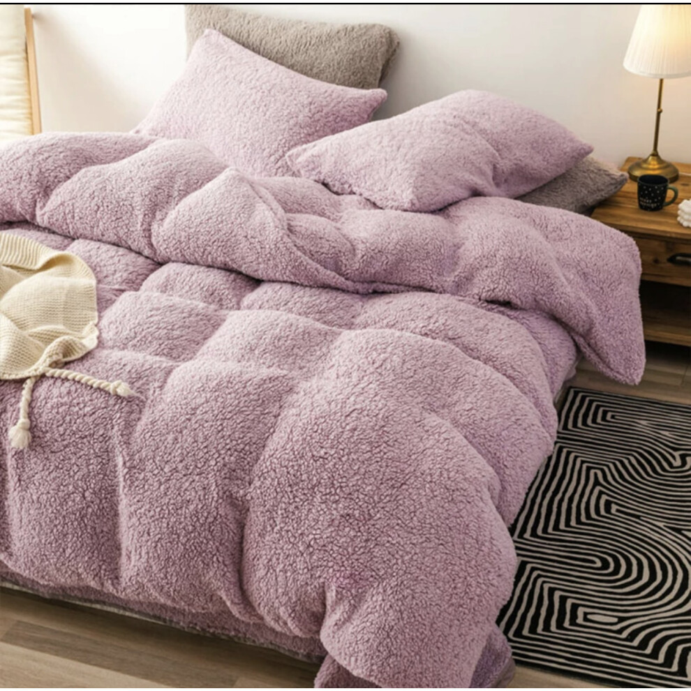 (Double, PINK) Teddy Bear Fleece Duvet Cover Set Thermal Bedding