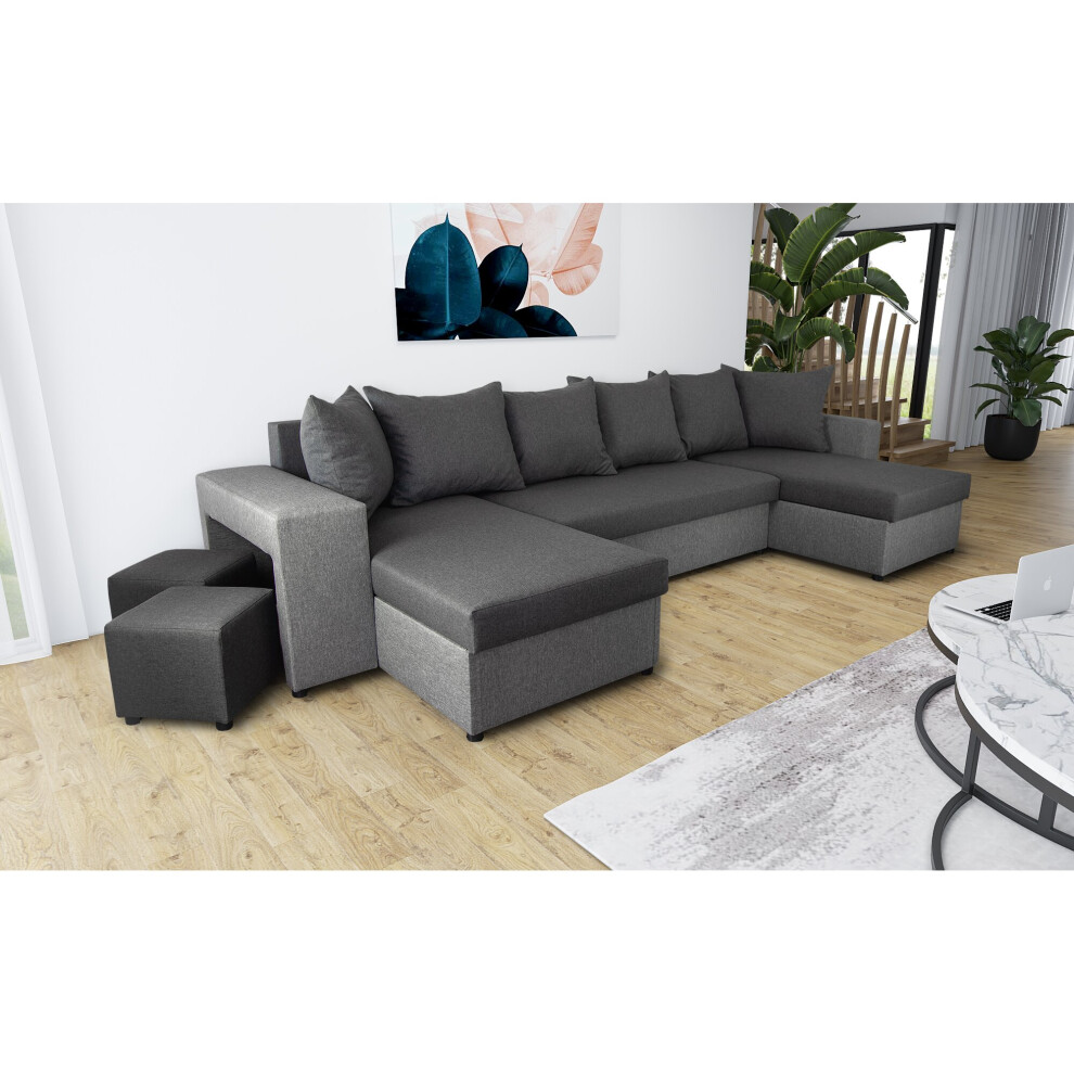 U-Shaped Corner Sofa Bed  Grey Light and Grey Dark With 2 Footstools