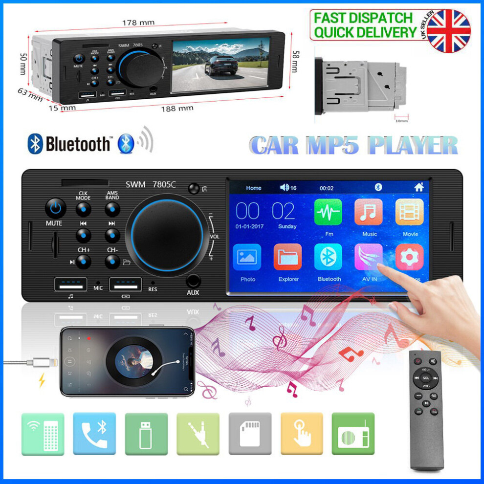 4.1"Car Player Fm Stereo Radio Bluetooth Usb Mp5 Mp3 Touch Screen Single Din 749102371099