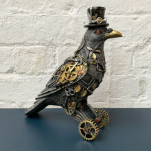 Silver Steampunk Perched Crow Ornament - Hand-Painted Resin Figurine with Top Hat and Bronze, Gold & Silver Details