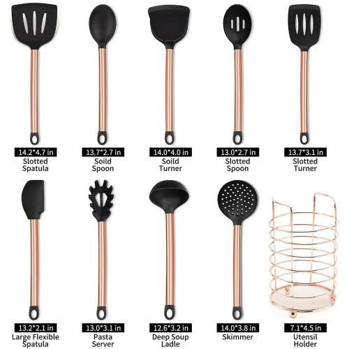 10pcs Kitchen Utensil Set Silicone Copper Plated Handle Heat Resistant 1