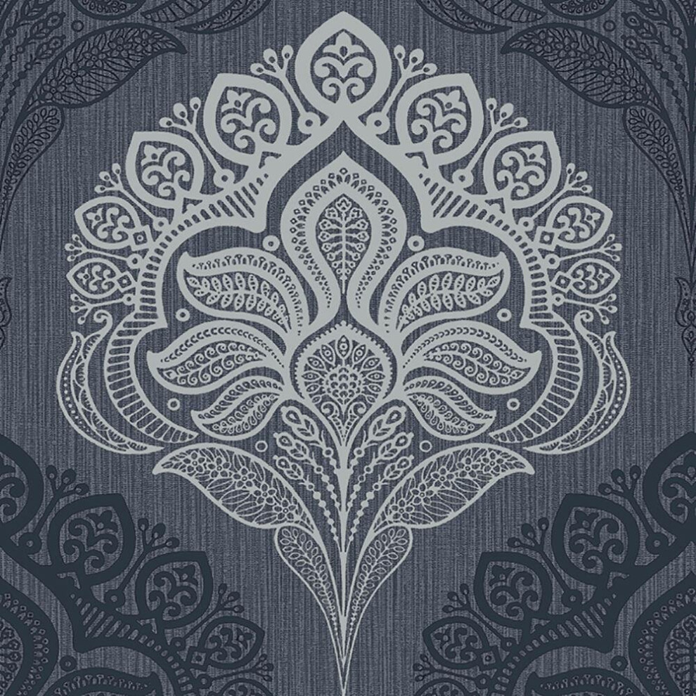 Luxury Oria Navy Blue & Silver Damask Style Vinyl Print Textured Wallpaper DÃ©cor