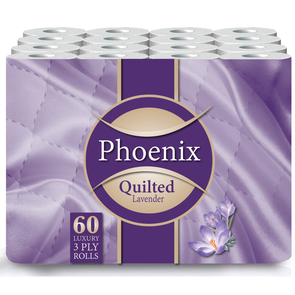 60 Phoenix Toilet Roll Bulk Buy-Quilted White 3 Ply Lavender Fragranced Toilet Paper (5 x 12 Packs,155 Sheets per roll)