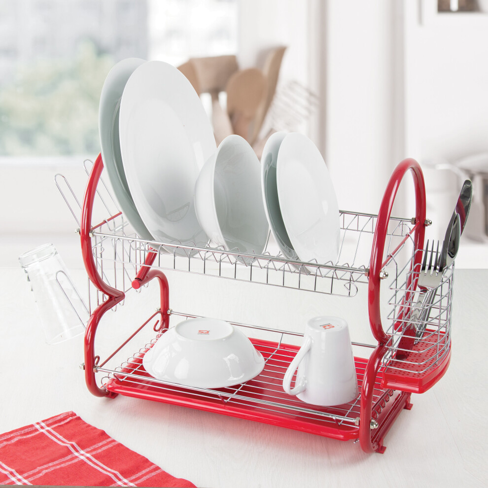 (Red) SQ Professional 2 Tier Dish Drainer with Drip Tray