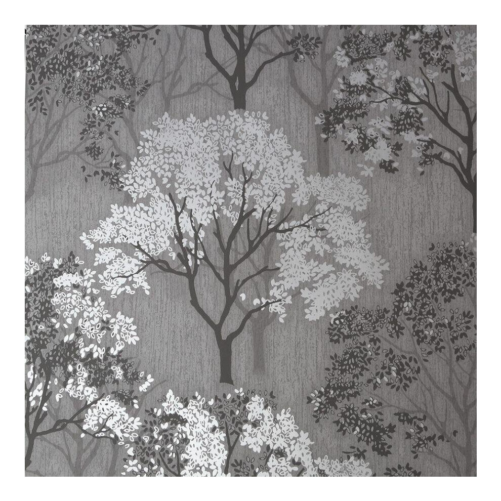 Woodland Silhouette Metallic Wallpaper Silver Grey Natural