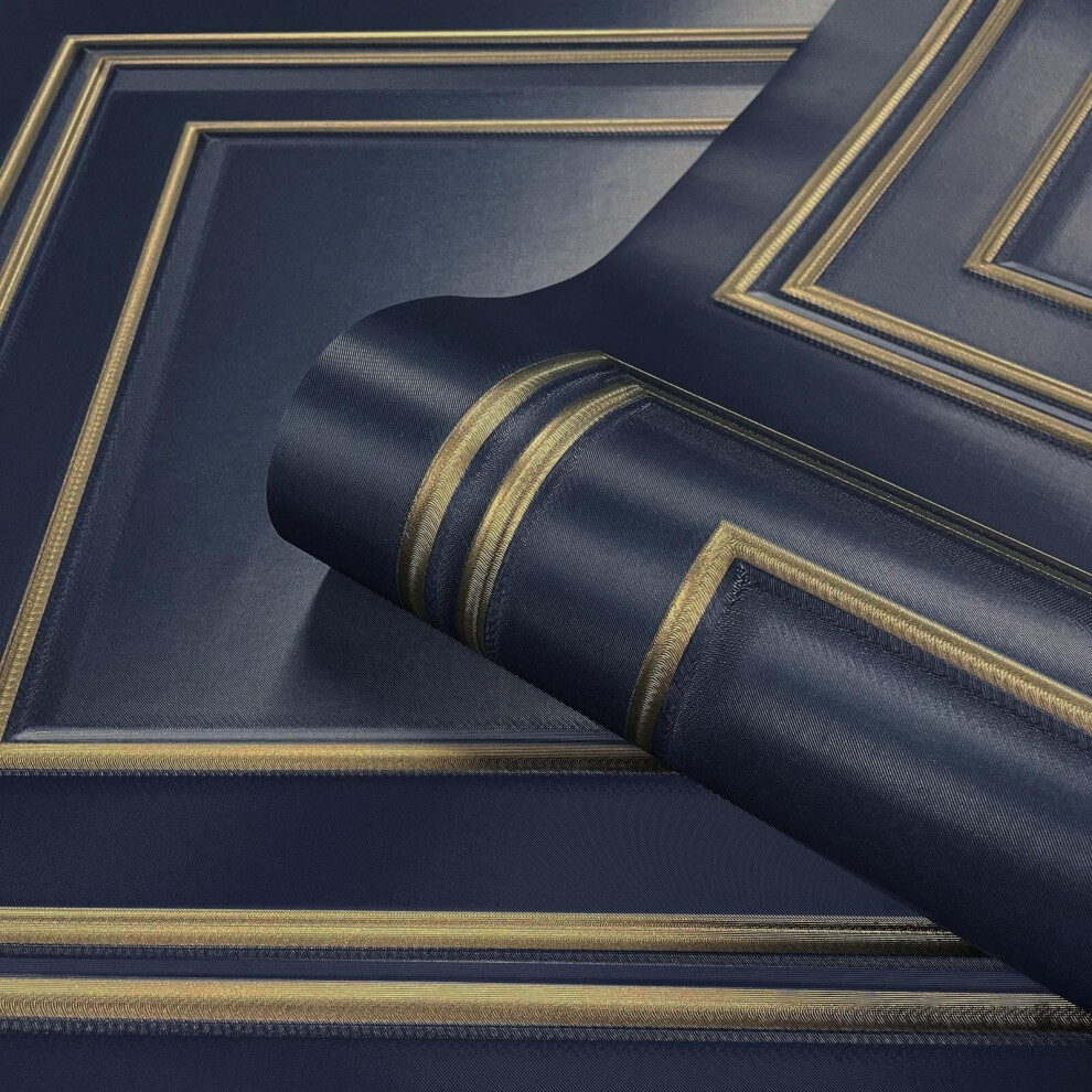 Belgravia Decor Navy & Textured Wood Panelling Effect Vinyl Wall Feature Wallpaper Gold
