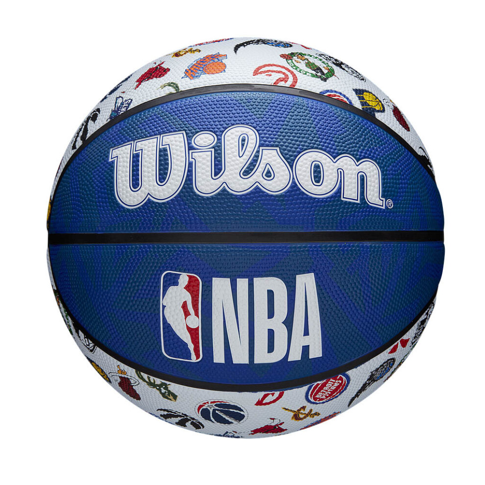 Wilson NBA All Team Tribute Basketball - Size 7 (29.5"), Blue, Outdoor Grip Cover, 30 NBA Team Logos
