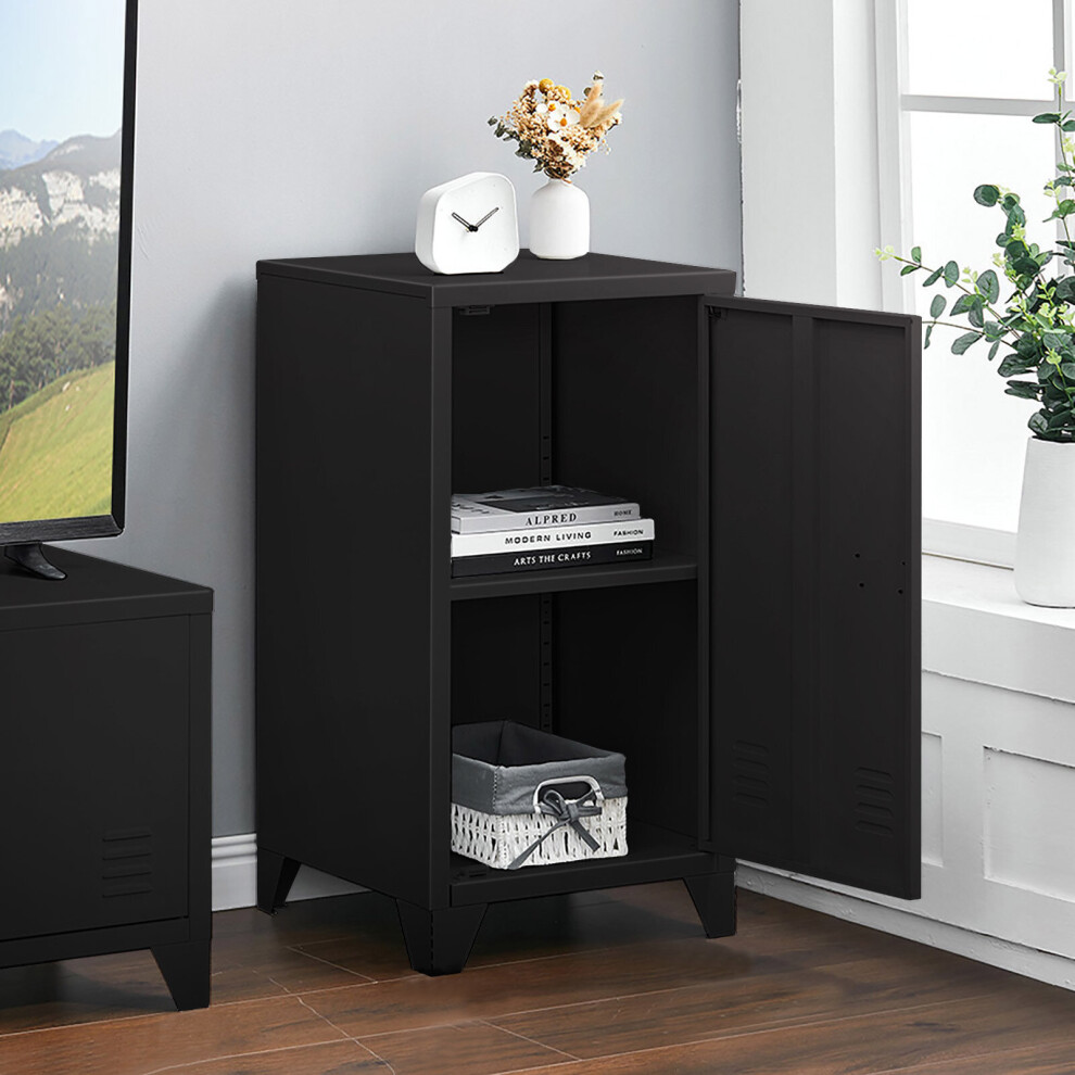 (Black) Industrial Metal Storage Bedside Cabinet Side Table Cupboard Shelf Door Air Vent
