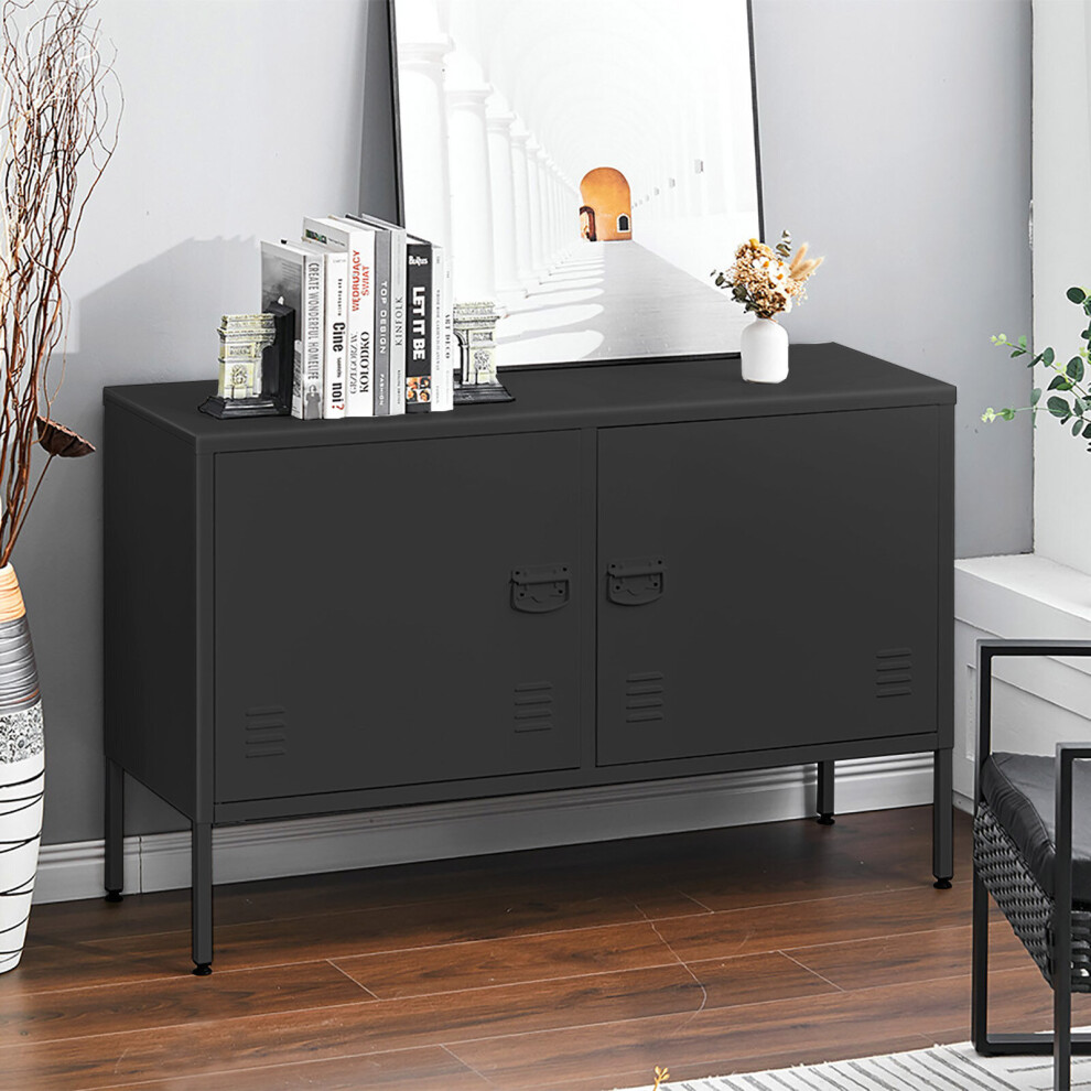 (Black) Industrial TV Stand Storage Unit w/ 2 Doors Cabinet Cupboard Shelves