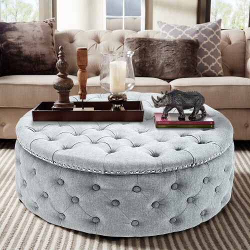 Living And Home (Grey White) Round Upholstered Chesterfield Footstool Pouffe Foot Stool Seat 2