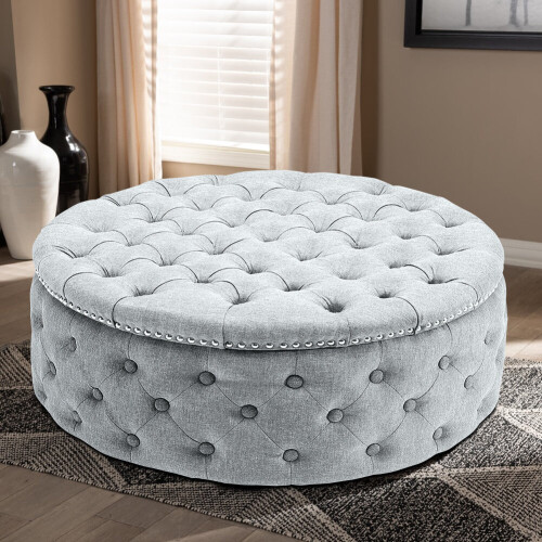 Living And Home (Grey White) Round Upholstered Chesterfield Footstool Pouffe Foot Stool Seat 1