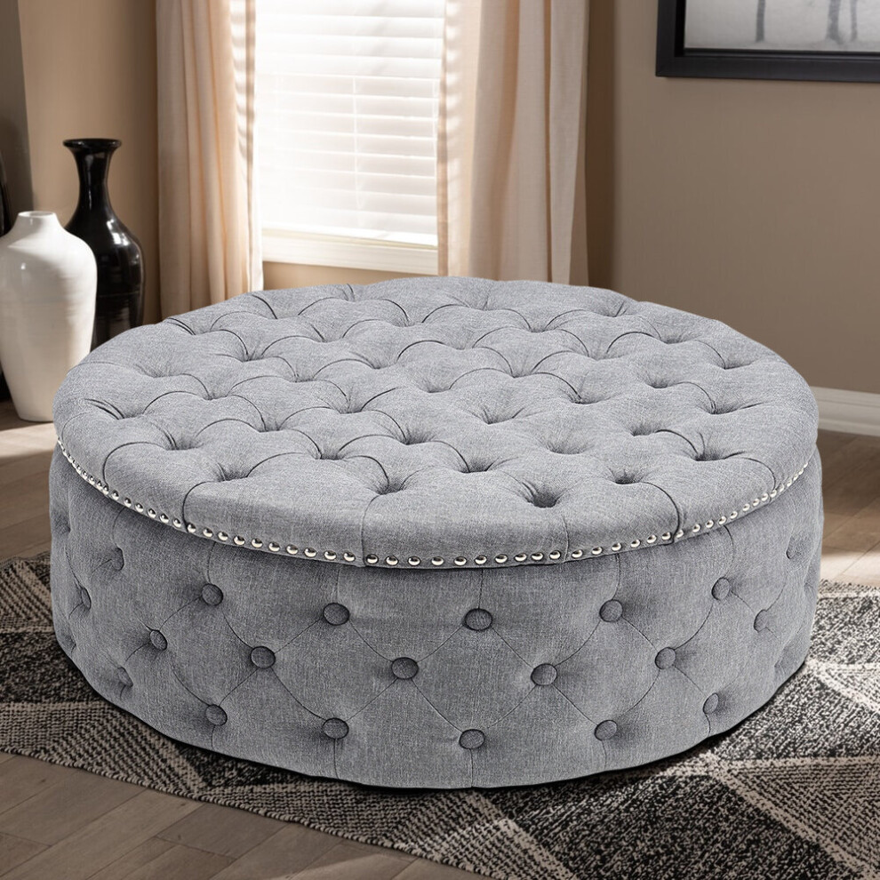 (Light Grey) Round Upholstered Chesterfield Footstool Pouffe Foot Stool Seat