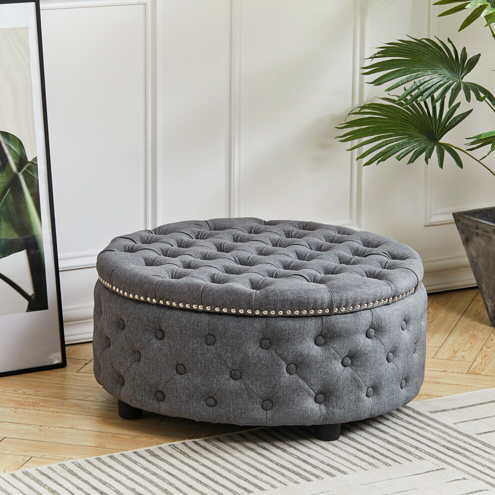 (Dark Grey) Round Upholstered Chesterfield Footstool Pouffe Foot Stool Seat-image-OPC-P8FV568-NEW