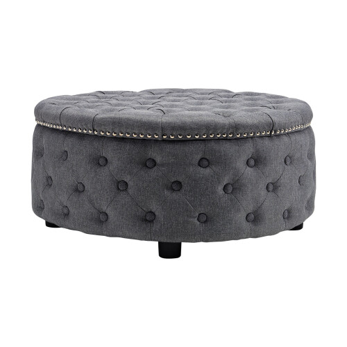Living And Home (Dark Grey) Round Upholstered Chesterfield Footstool Pouffe Foot Stool Seat 2