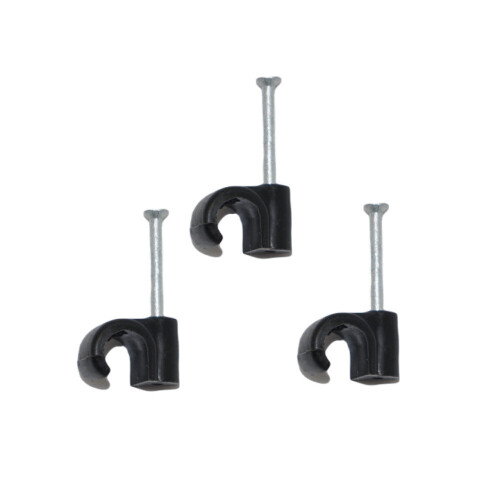 (Black, 200 units) 7mm Round Wire Cable Clips with Fixing Nails - Internet - TV - Phone