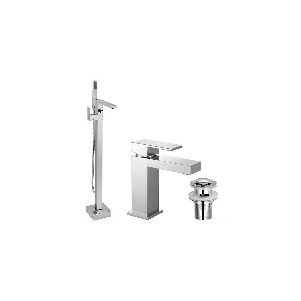 Eoro Square Freestanding Shower Mixer, Basin Sink Mixer Tap & Waste