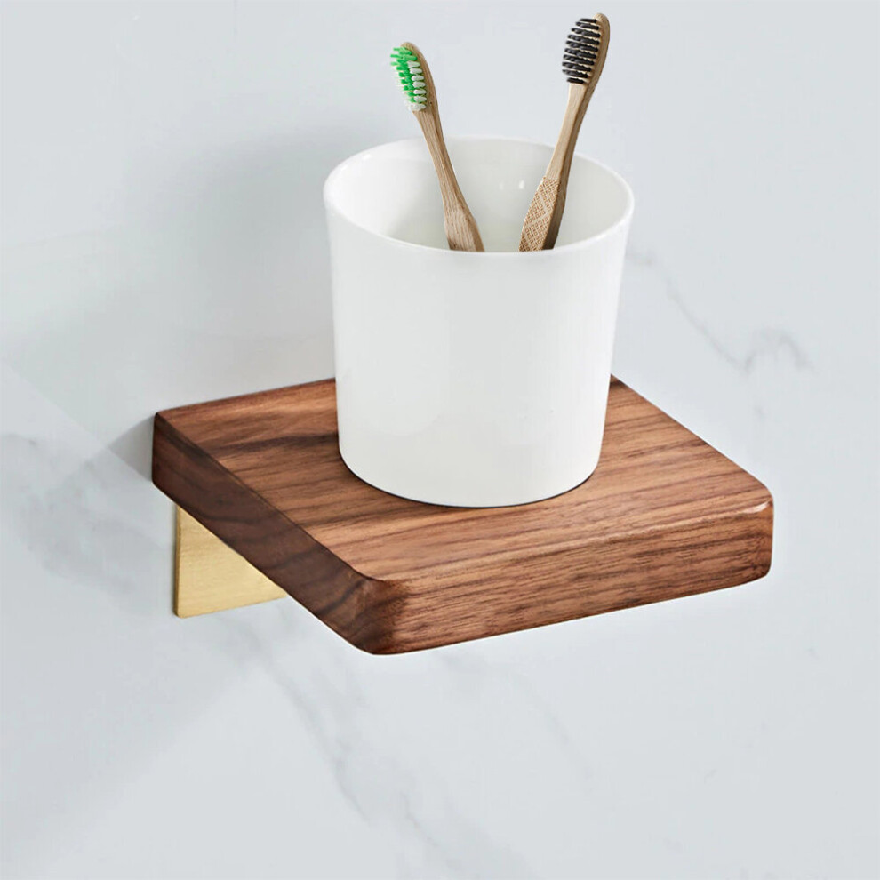 Abloh Luxury Ceramic Toothbrush Holder with Shelf Wooden Walnut & Brushed Gold