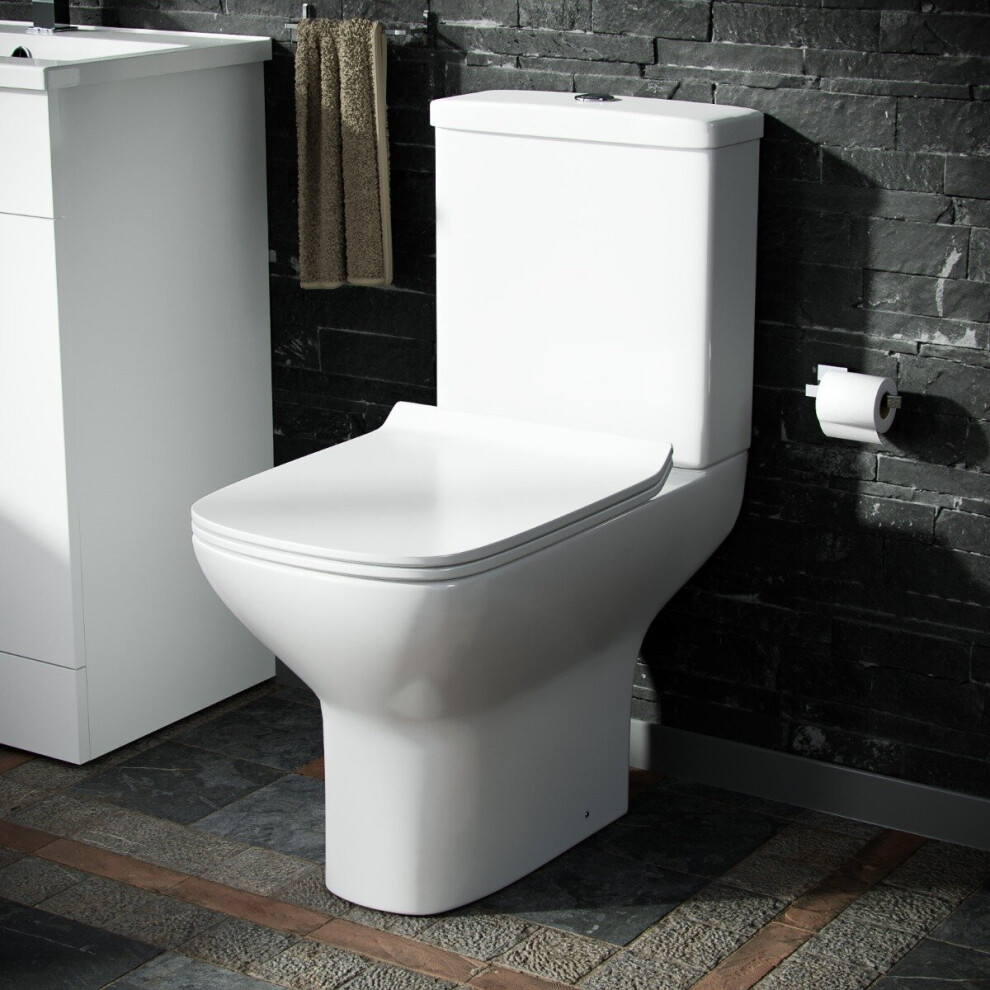 Sory Rimless Close Coupled WC Toilet Pan, Cistern and Slim Soft Close Seat