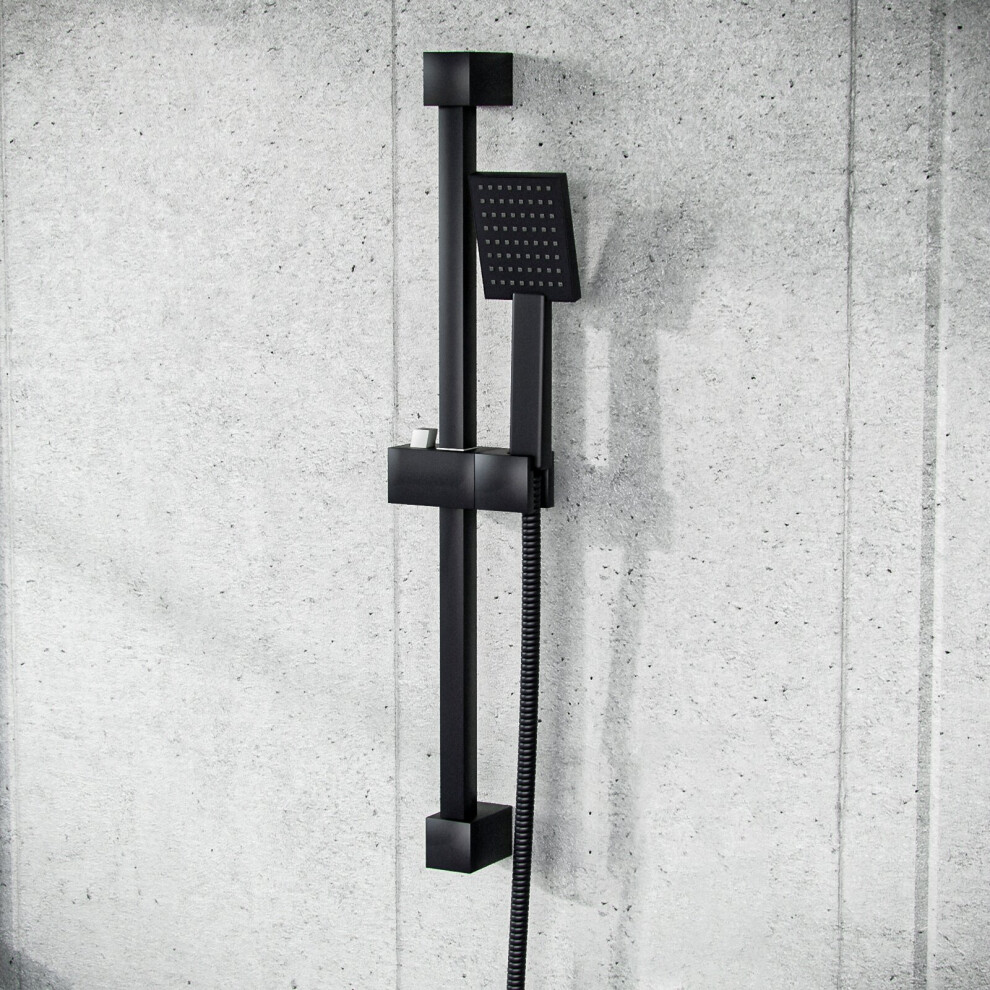 Square Shower Matte Black Handset and Hose with Slider Riser Rail Bracket