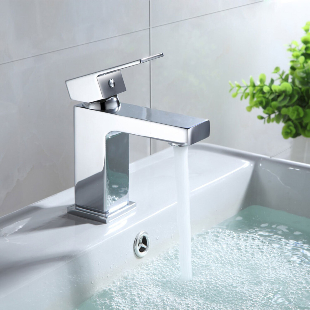 Cube Square Single Lever Bathroom Basin Mono Mixer Chrome Tap With Free Waste