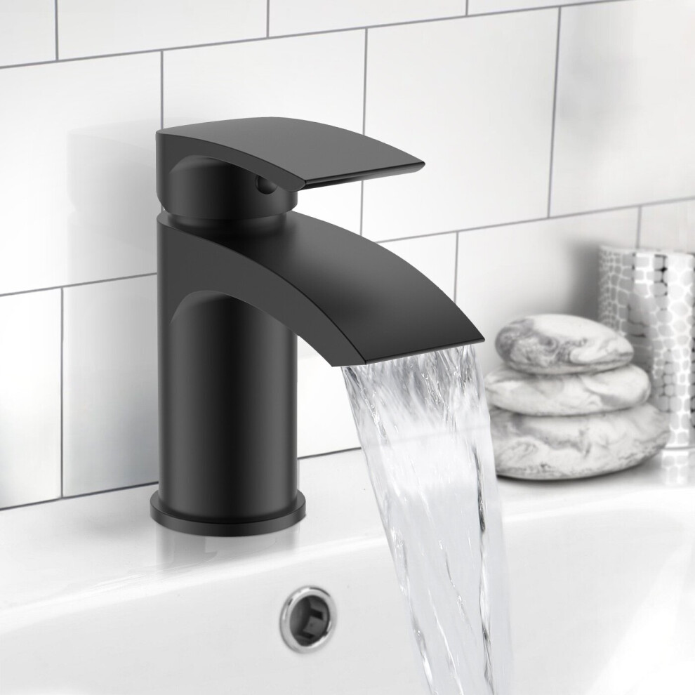 Vago Bathroom Basin Mono Mixer Black Matt Tap With Basin Waste