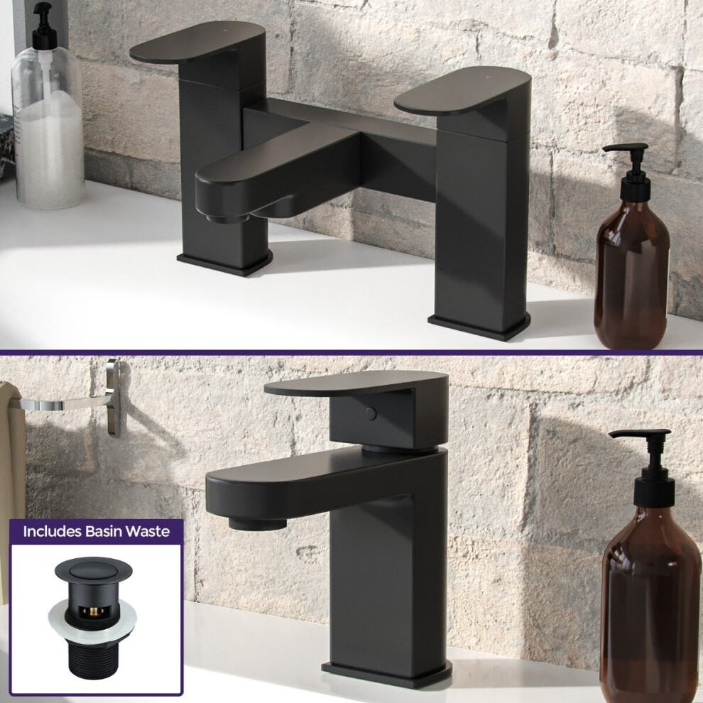 Kevon Mono Basin Mixer, Bath Filler & Waste Matte Black