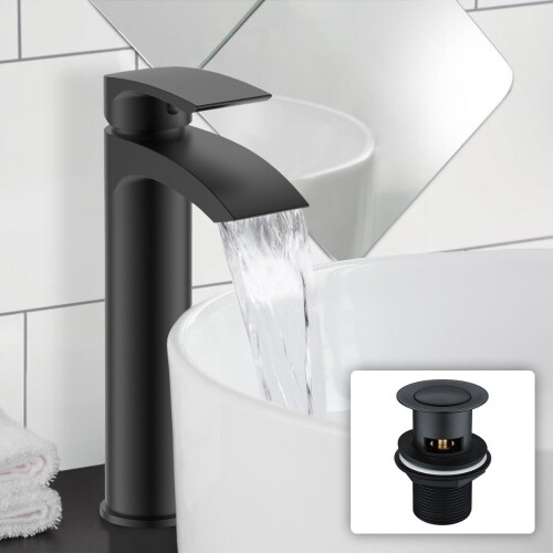 NES Home Libra Basin Mixer Tall Tap & Waste Black Matte