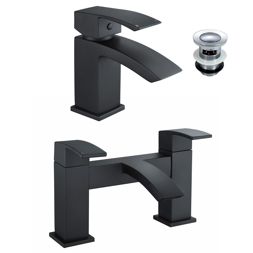 Tesa Waterfall Bath Filler Tap, Basin Mixer Tap Set & Waste Black Matte