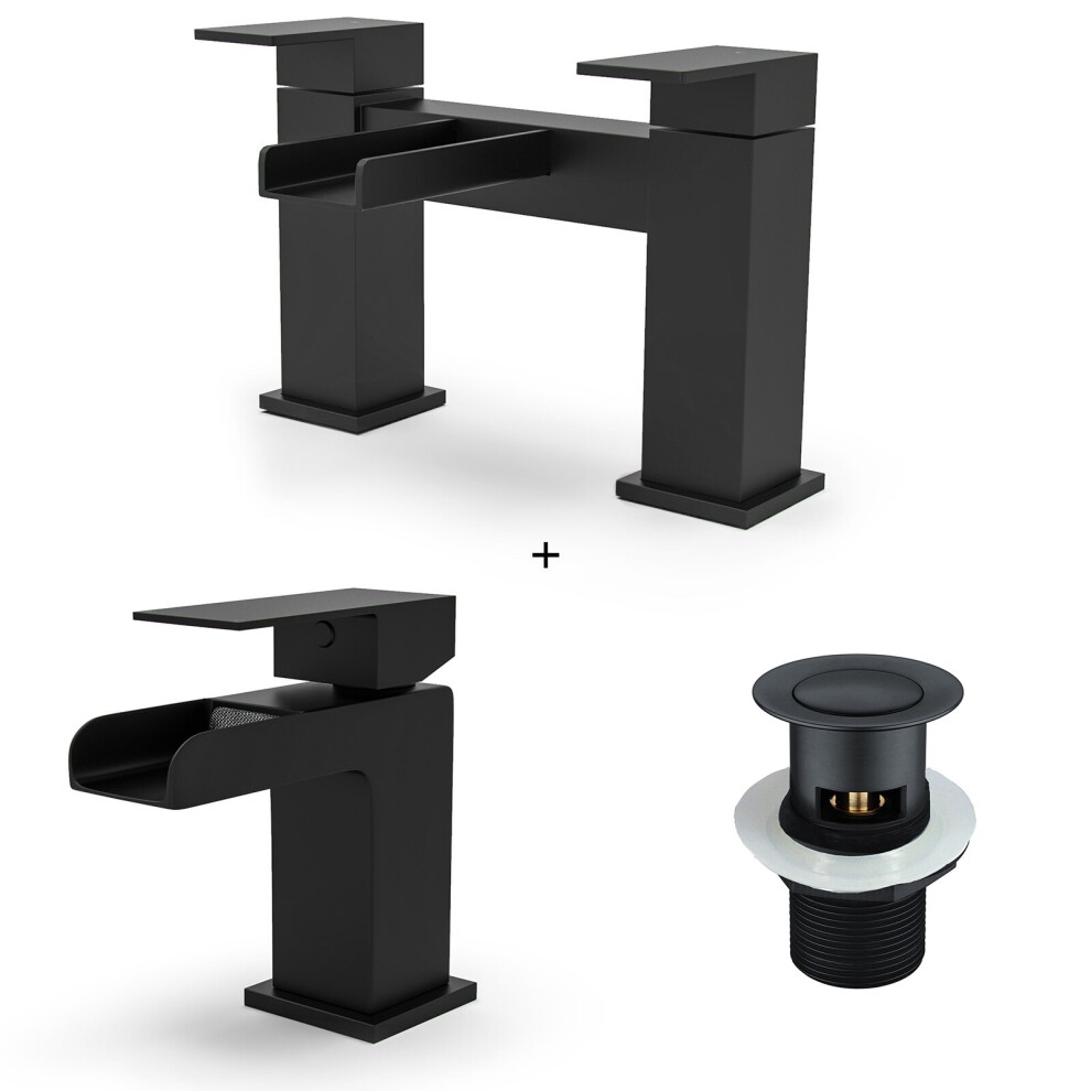 Origin Waterfall Basin Mono Mixer, Bath Filler Tap & Waste Matte Black