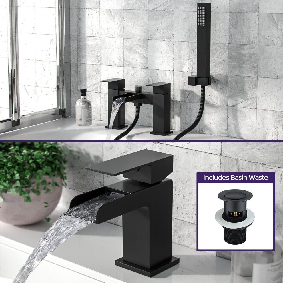 Nes Home Origin Waterfall Basin Mono Tap, Bath Filler And Handset & Waste Matte Black
