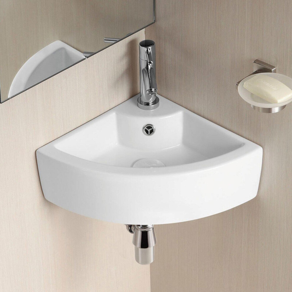 Tulla 450 x 325mm Cloakroom Small Quarter Circle Corner Wall Hung Basin Sink and Fittings