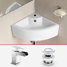 Quarter Circle Corner Cloakroom Basin & Waterfall Mixer Tap Waste
