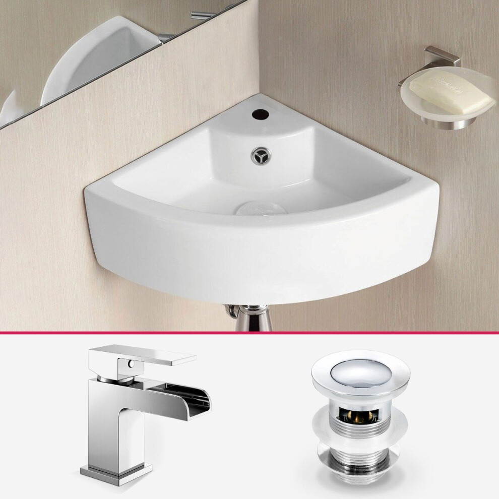 Quarter Circle Corner Cloakroom Basin & Waterfall Mixer Tap Waste
