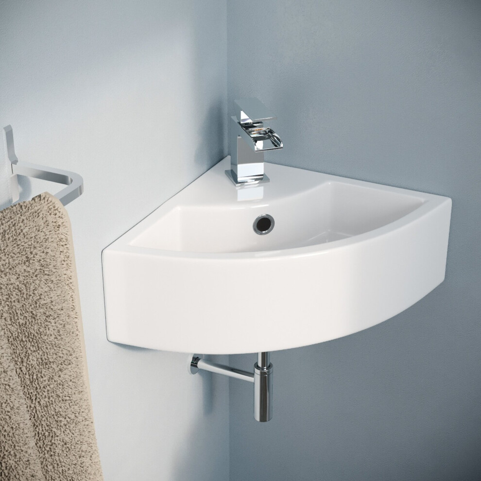 Tulla 450 x 325mm Small Quarter Corner Wall Mounted Basin with Mixer Tap and Waste