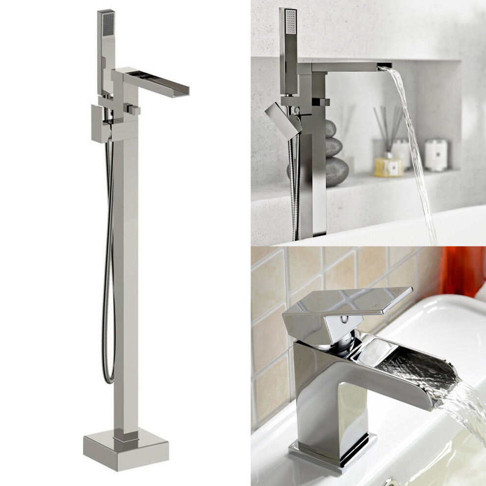 Nes Home Origin Freestanding Waterfall Bath Shower Tap, Basin Mixer Tap & Waste Chrome