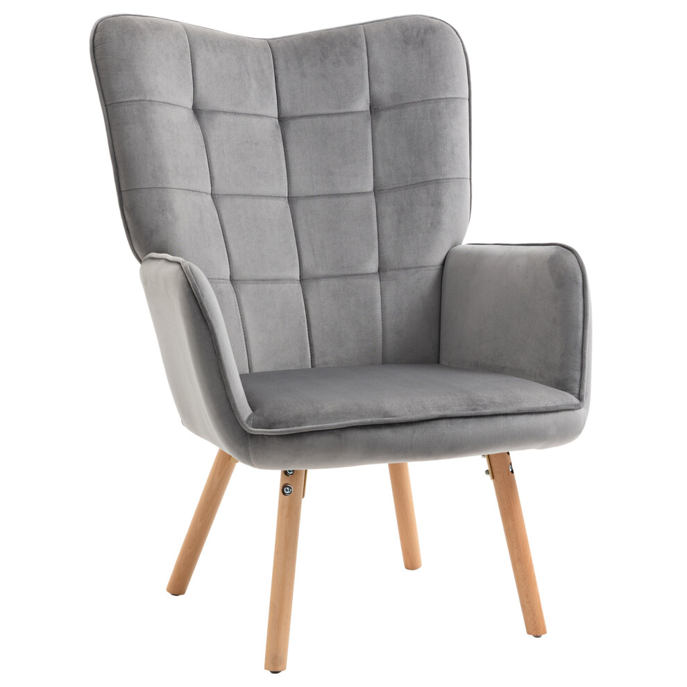 HOMCOM Modern Accent Chair Velvet-Touch Tufted Wingback Armchair Wood Legs Grey