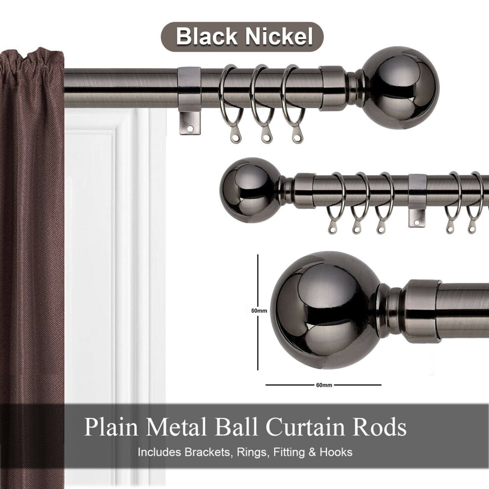 (Black Nickel- Plain Ball, 120-210 cm (48" - 83" In)) Extendable Metal Curtain Pole Finals Rings & Rod Fittings