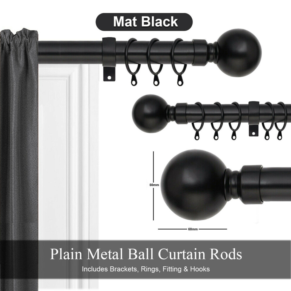 (Mat Black- Plain Ball, 160-300 cm (63" - 118" In)) Extendable Metal Curtain Pole Finals Rings & Rod Fittings